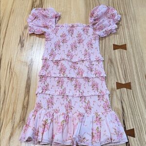 Katie J NYC Laila Smocked Puff Sleeve Pink Bouquet Ruffle Dress